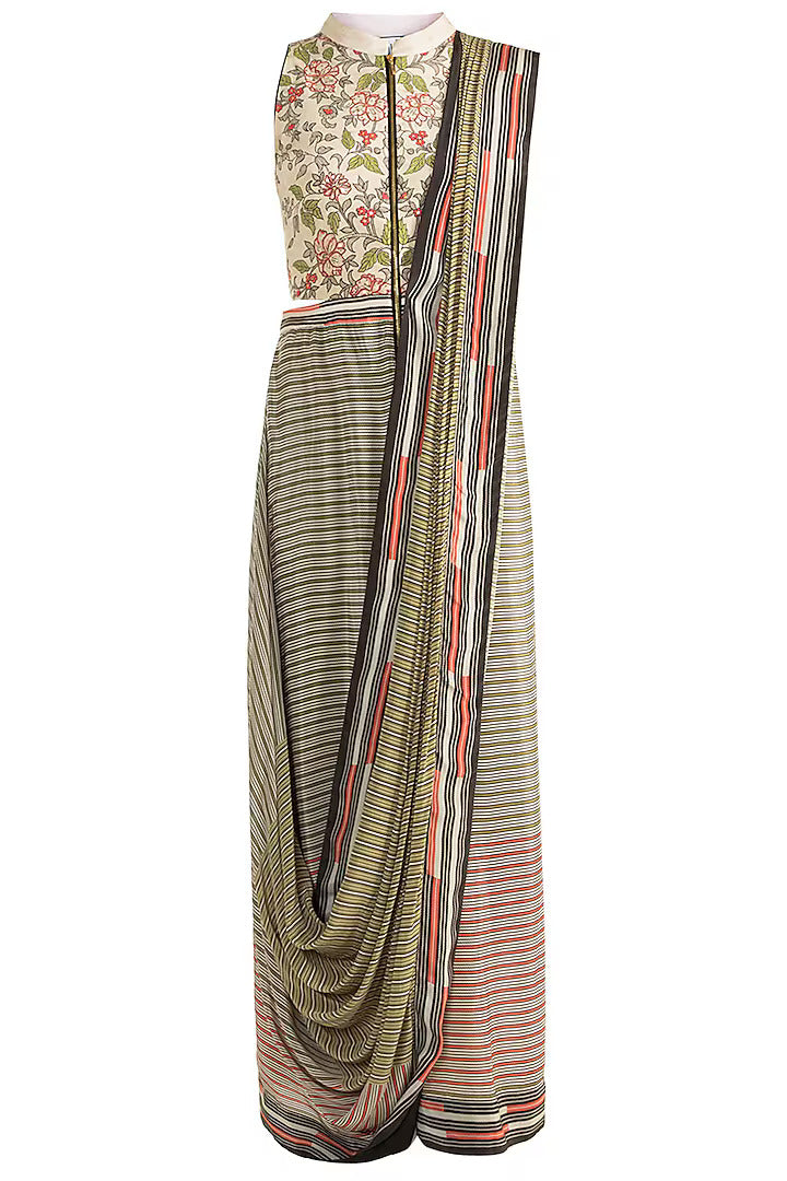 Ivory & Olive Green Crepe Drape Saree Gown