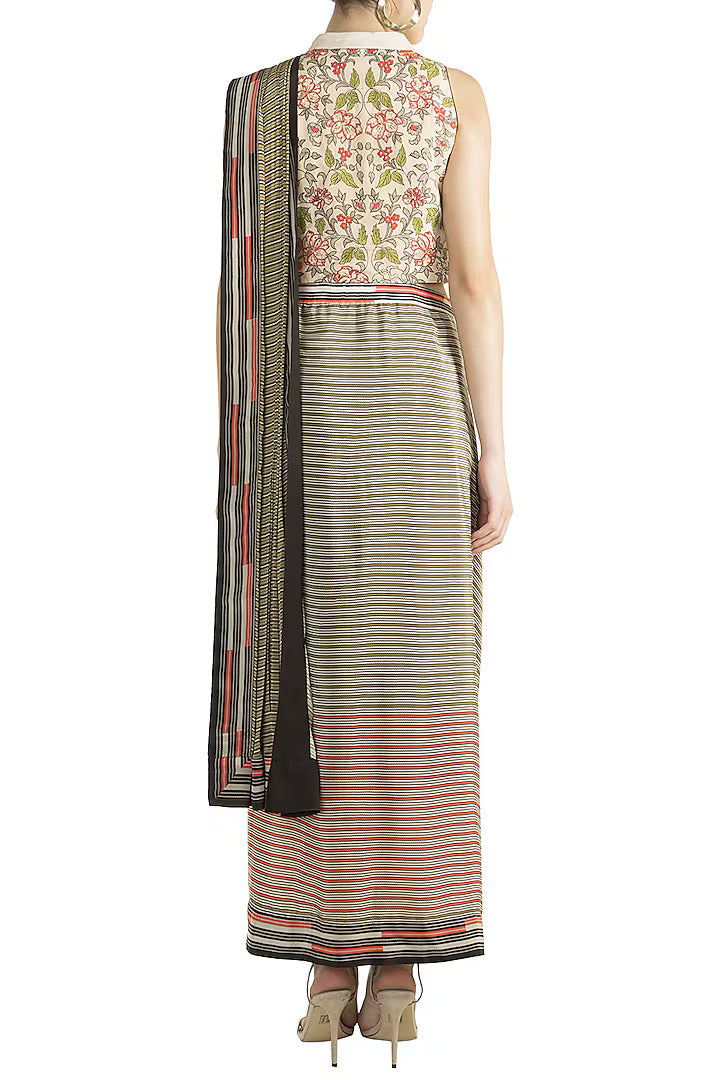 Ivory & Olive Green Crepe Drape Saree Gown