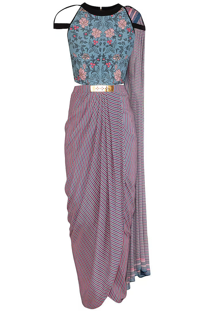 Powder Blue Poly Crepe Embroidered Printed Gown Saree