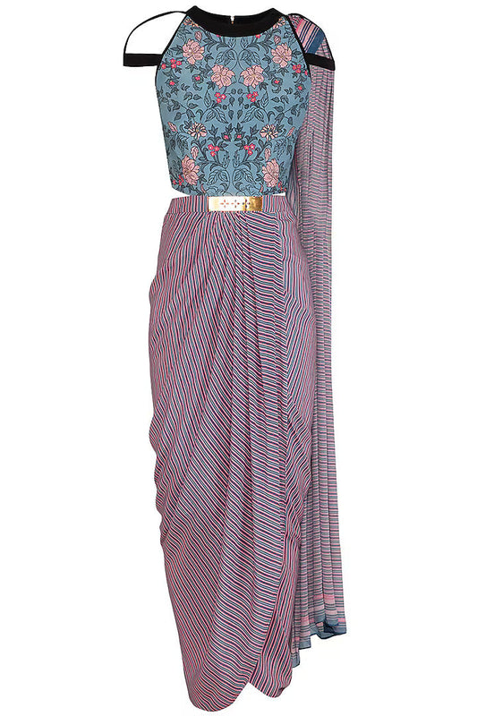 Powder Blue Poly Crepe Embroidered Printed Gown Saree