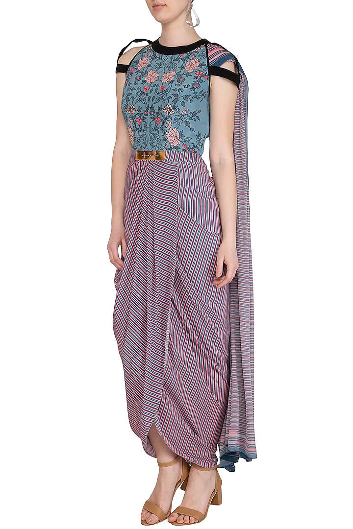 Powder Blue Poly Crepe Embroidered Printed Gown Saree