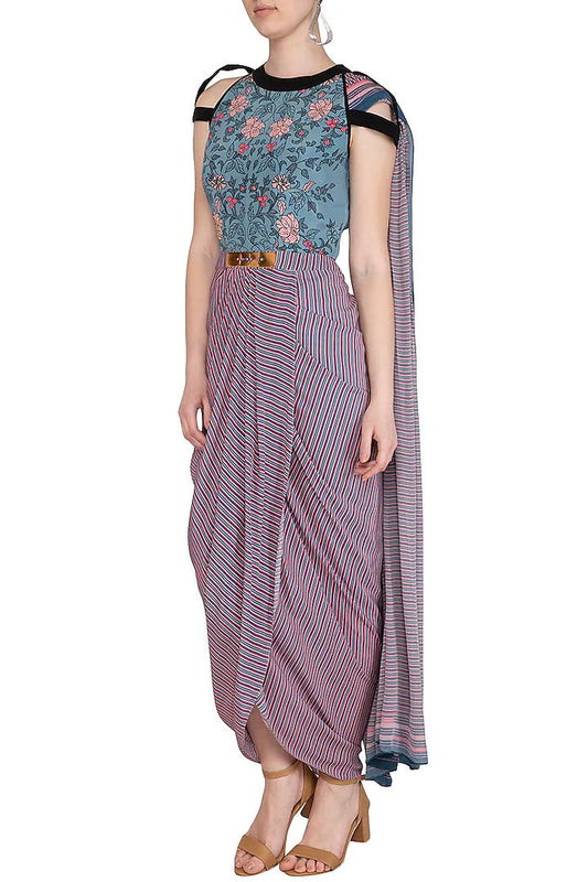 Powder Blue Poly Crepe Embroidered Printed Gown Saree