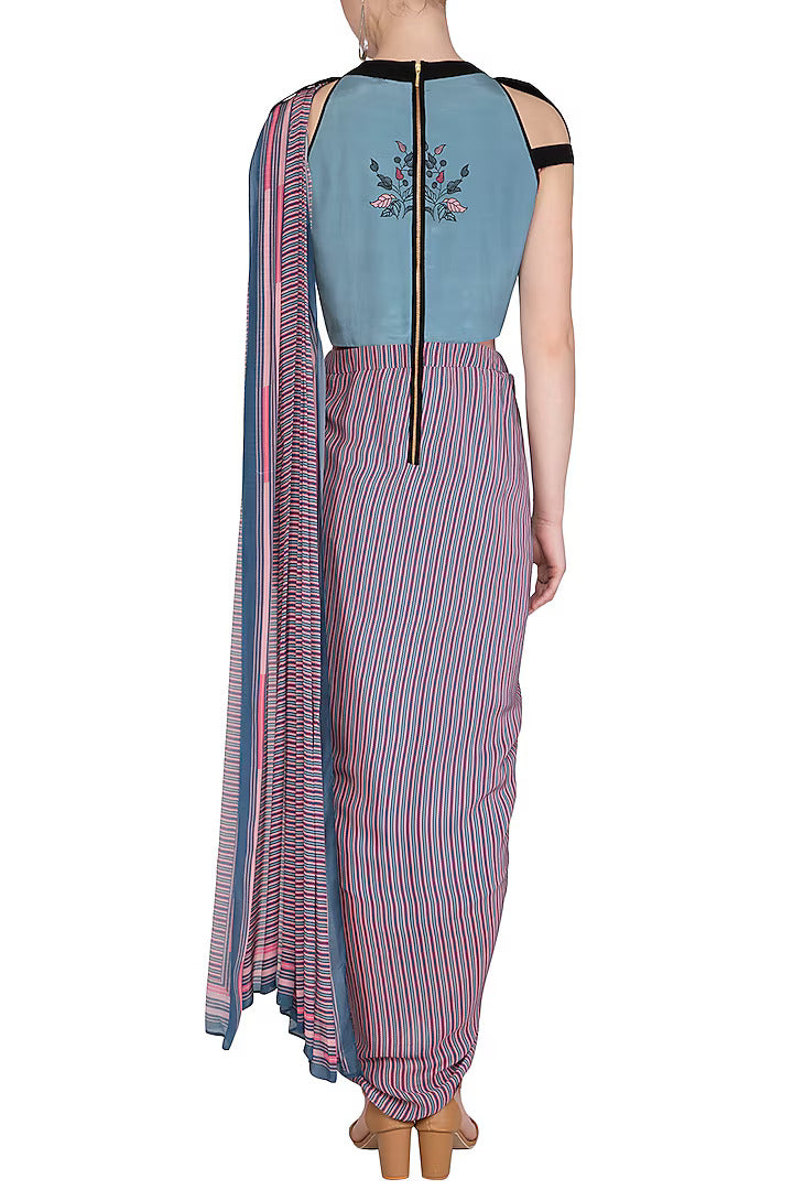 Powder Blue Poly Crepe Embroidered Printed Gown Saree