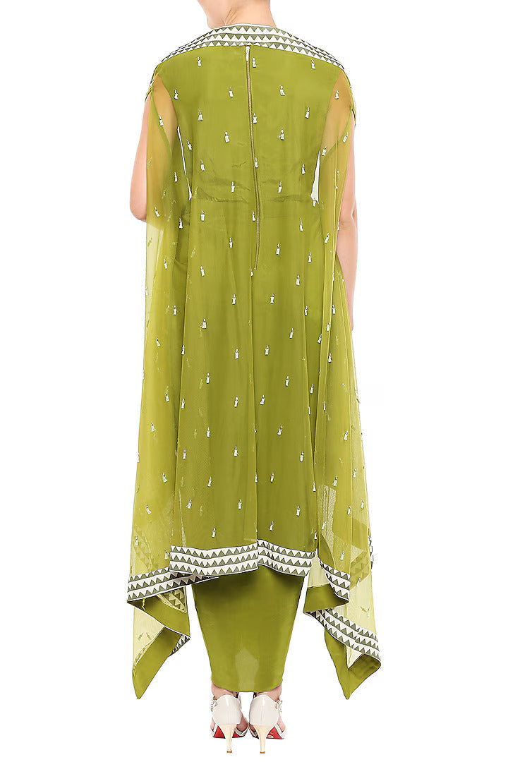 Olive Green Dress With Belt & Hand Embroidered Cape Jacket