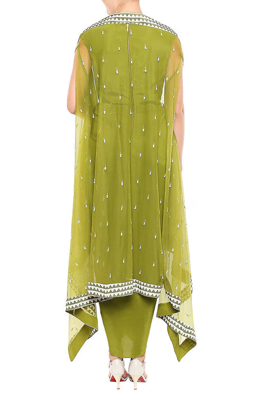 Olive Green Dress With Belt & Hand Embroidered Cape Jacket