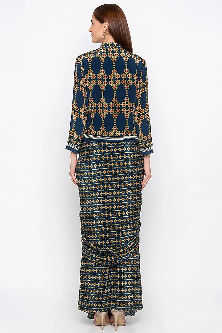 Blue Printed & Embroidered Jacket With Draped Skirt