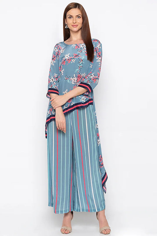 Pink Printed & Embroidered Kurta With Striped Palazzo Pants