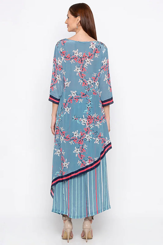 Pink Printed & Embroidered Kurta With Striped Palazzo Pants