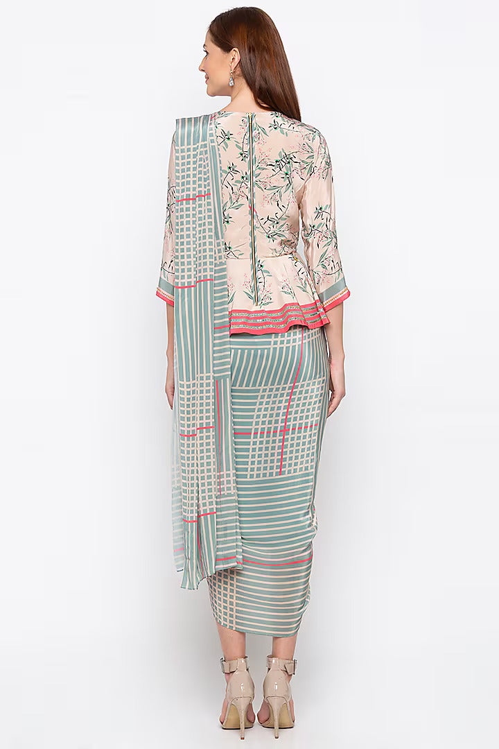 Multi-Colored Crepe Printed Pre-Stitched Saree Set