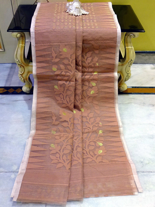 Traditional Soft Jamdani Saree in Sandalwood and Gold