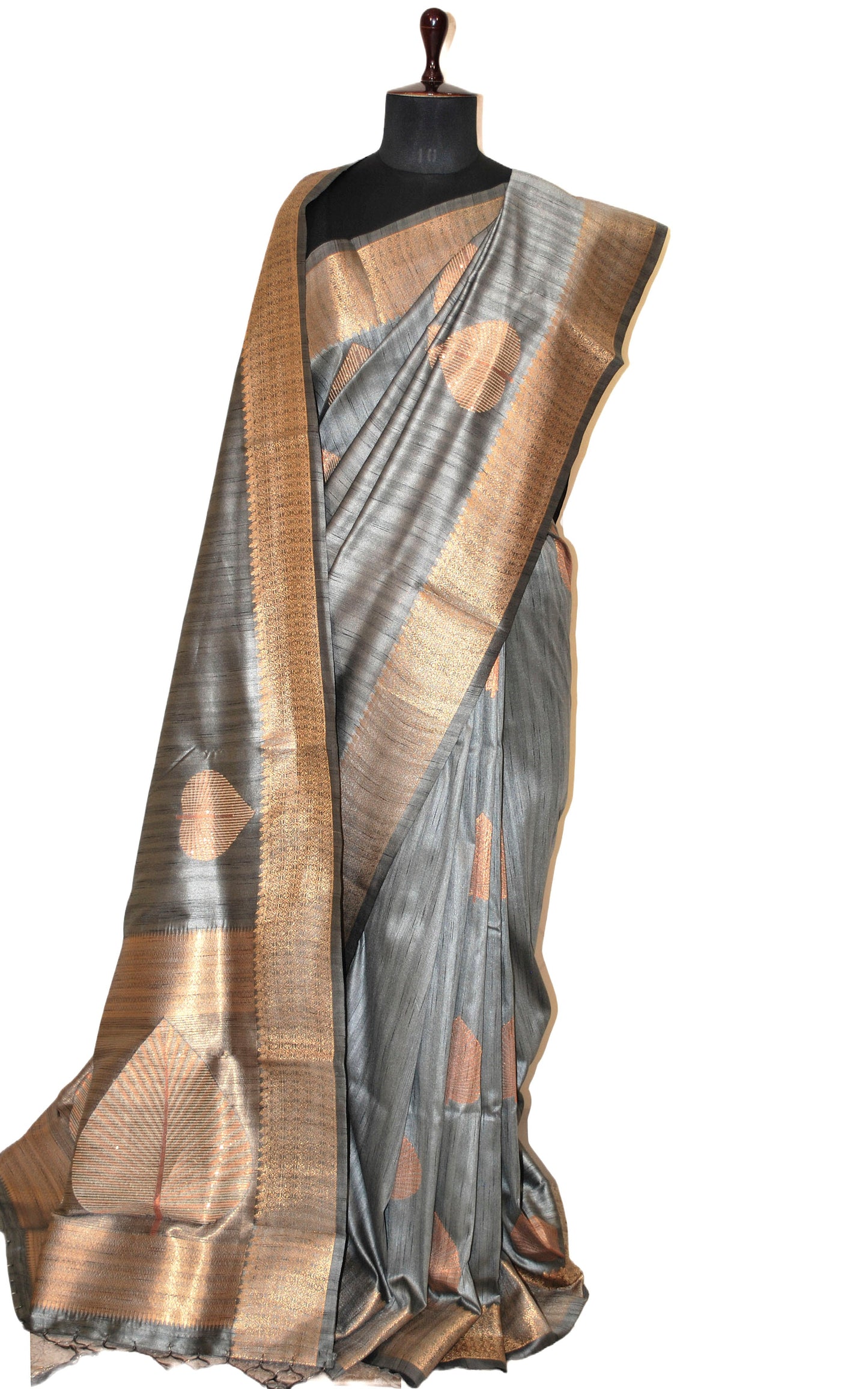 Embedded Sequin on Jute Nakshi Motif Work Semi Gicha Silk Saree Cloud Grey and Antique Golden