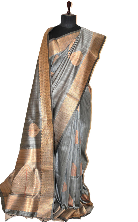 Embedded Sequin on Jute Nakshi Motif Work Semi Gicha Silk Saree Cloud Grey and Antique Golden