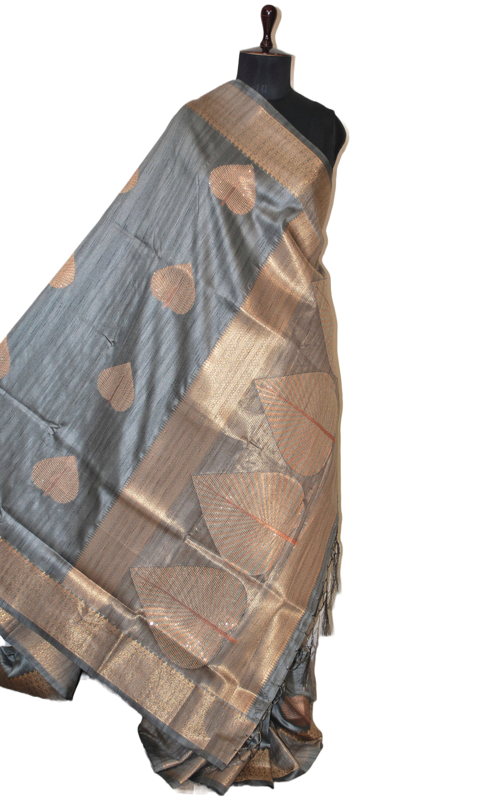 Embedded Sequin on Jute Nakshi Motif Work Semi Gicha Silk Saree Cloud Grey and Antique Golden