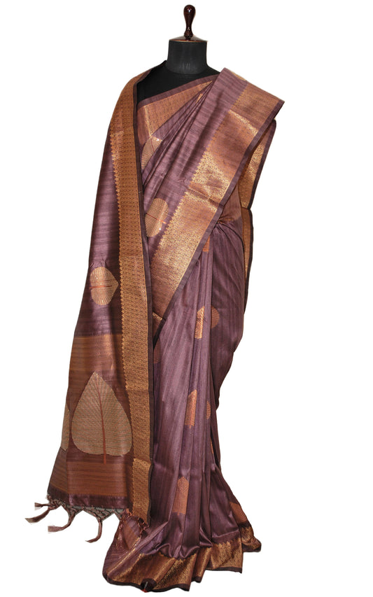 Embedded Sequin on Jute Nakshi Motif Work Semi Gicha Silk Saree in Purple Brown and Antique Golden