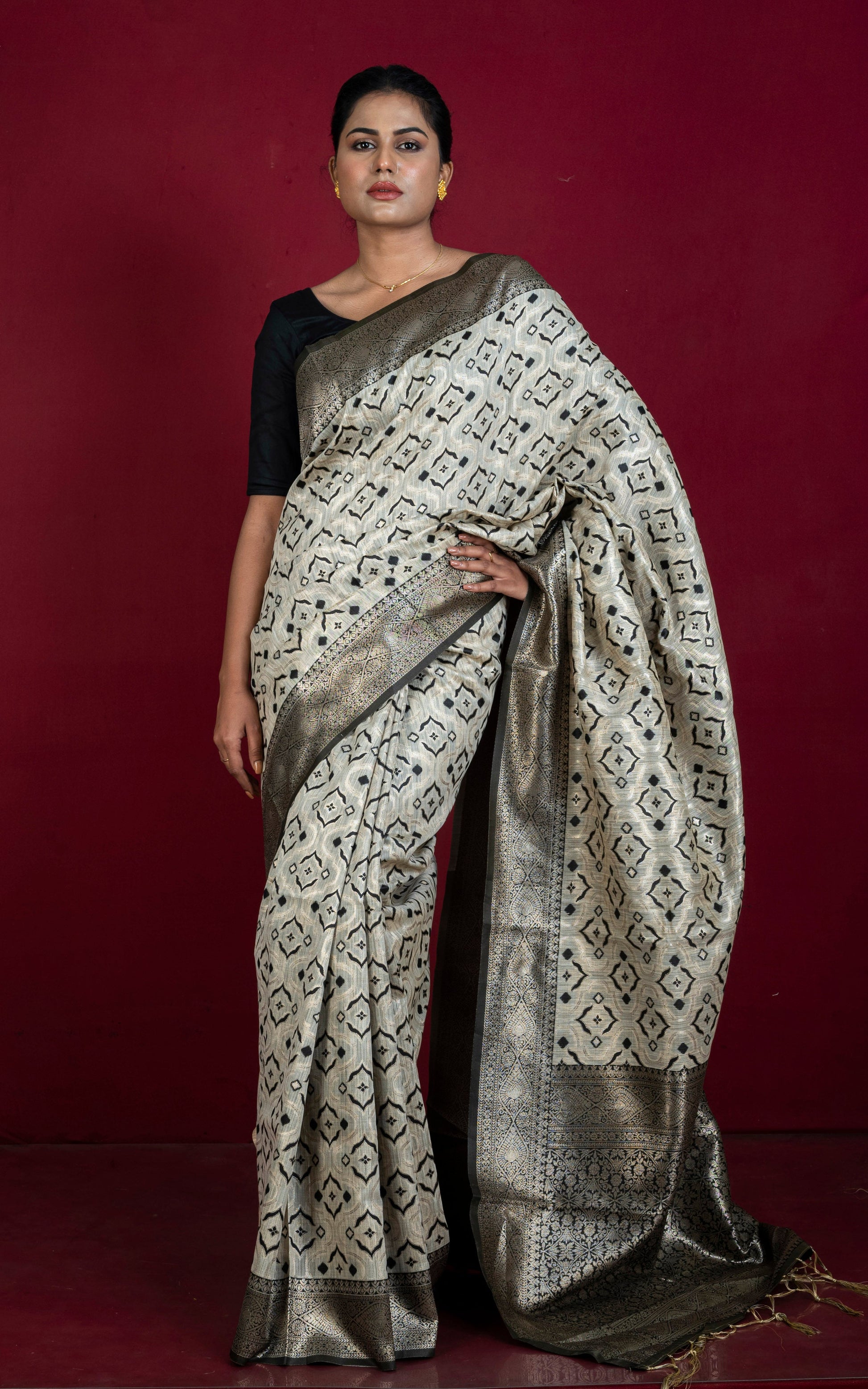 Designer Brocade Jute Katan Silk Saree in Soap Stone Beige and Black