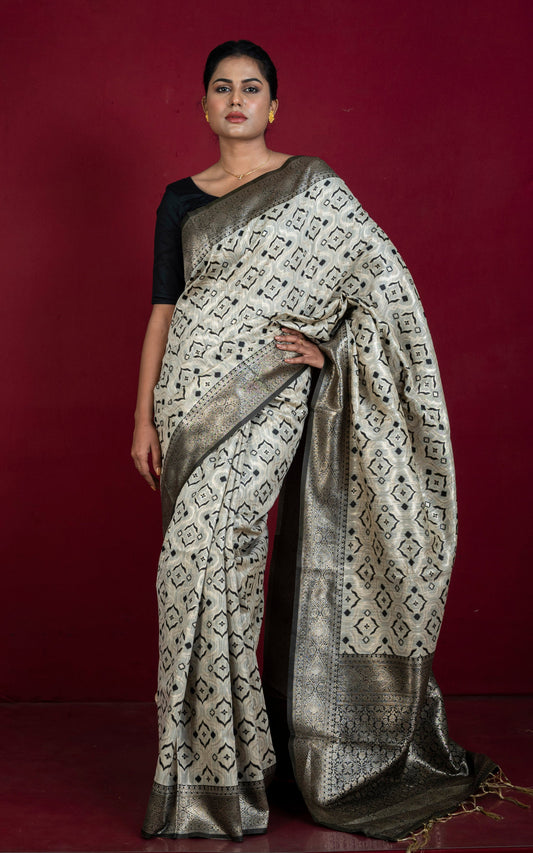 Designer Brocade Jute Katan Silk Saree in Soap Stone Beige and Black