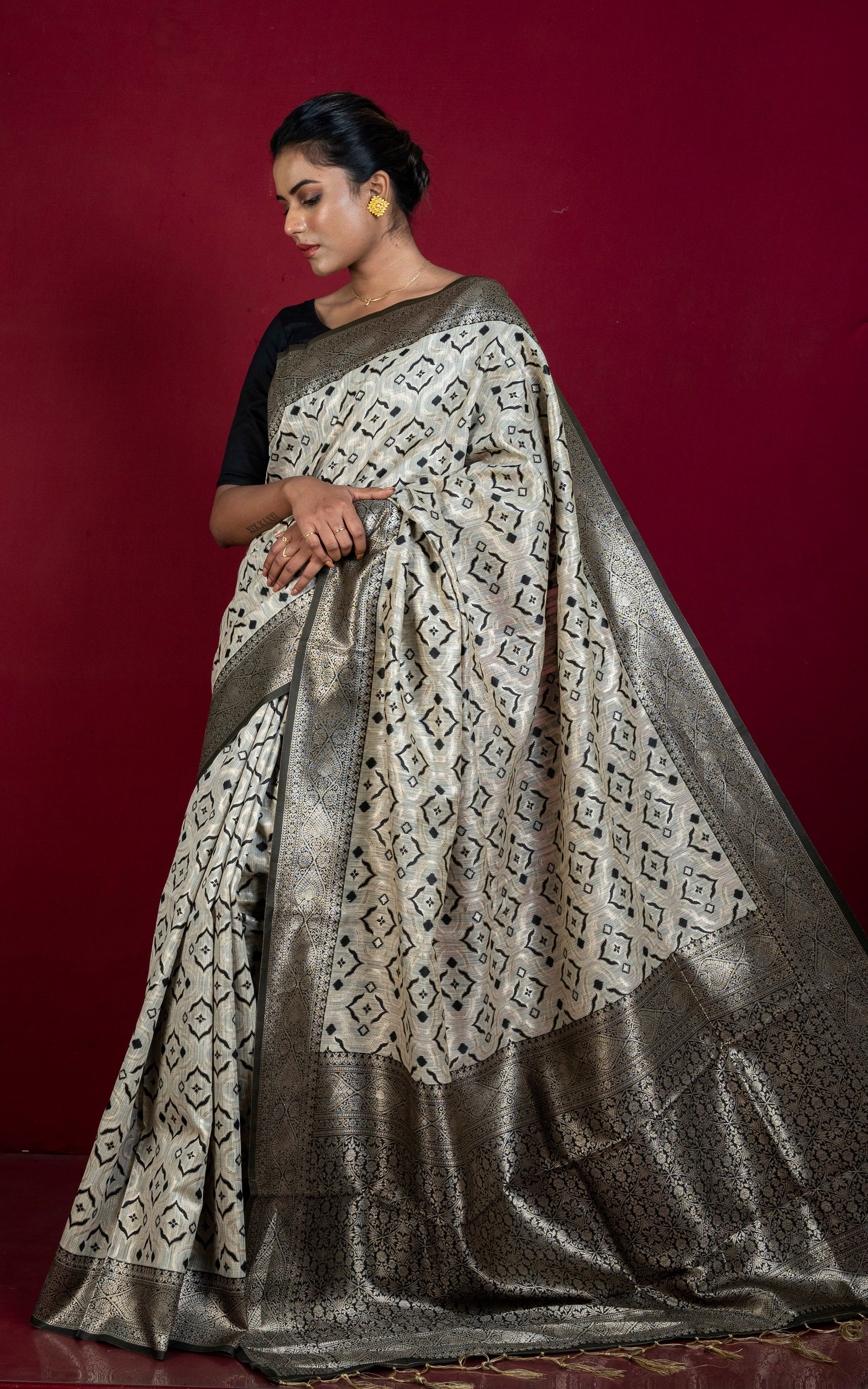 Designer Brocade Jute Katan Silk Saree in Soap Stone Beige and Black