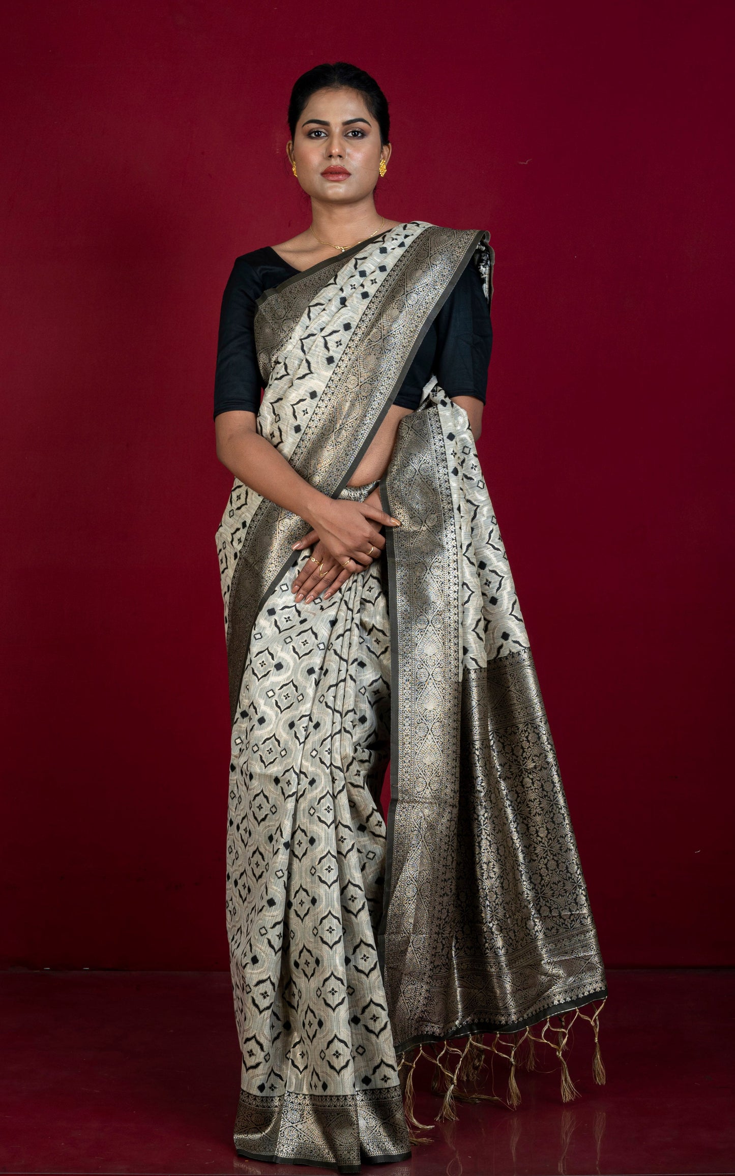 Designer Brocade Jute Katan Silk Saree in Soap Stone Beige and Black