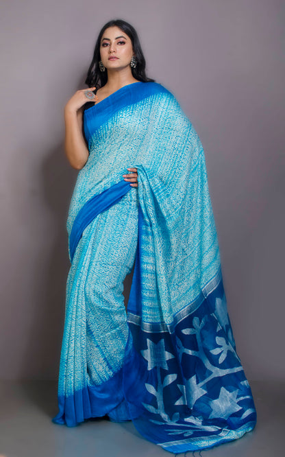 Pure Handloom Matka Shibori Jamdani Saree in Off White, Azure and Silver