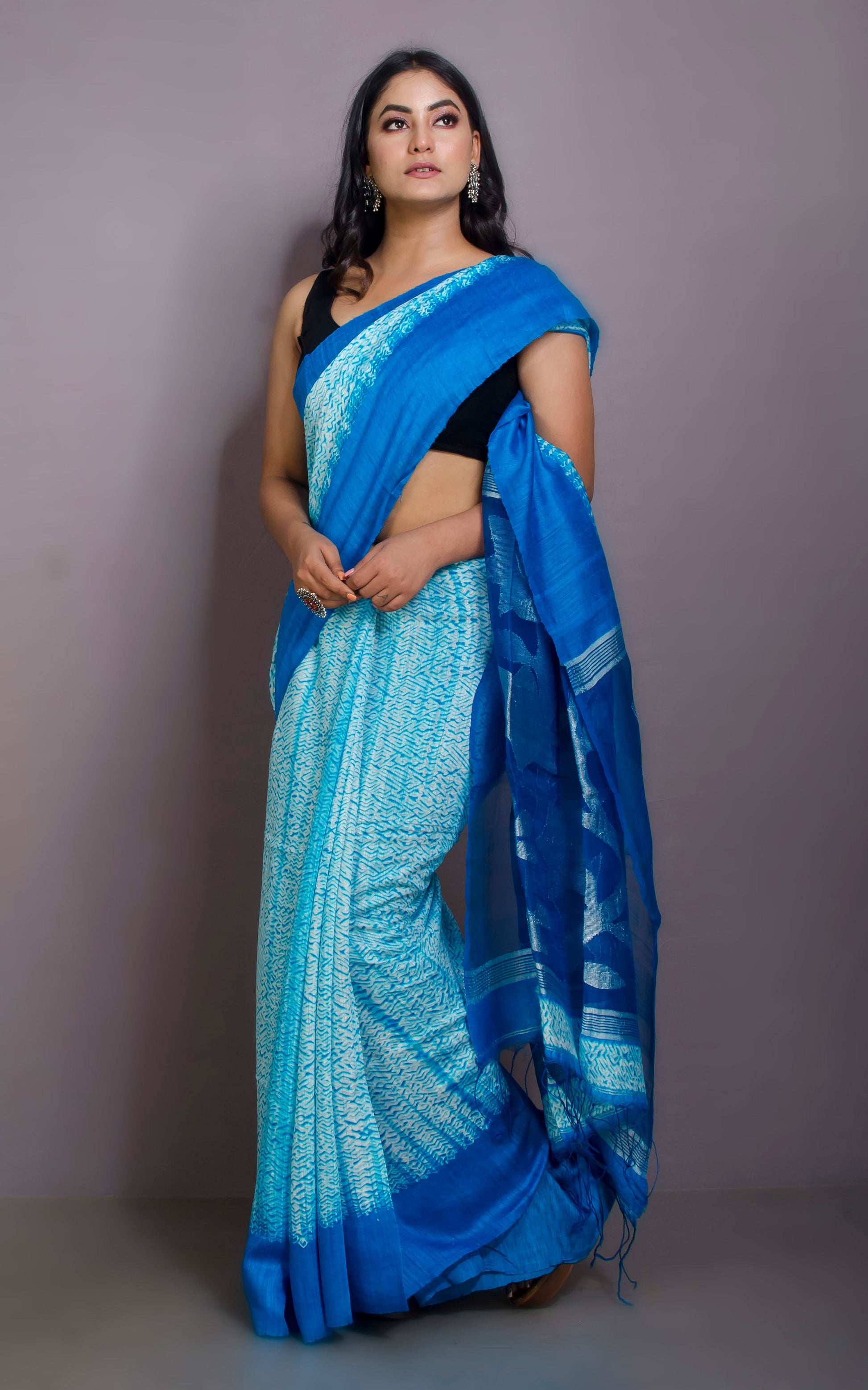 Pure Handloom Matka Shibori Jamdani Saree in Off White, Azure and Silver