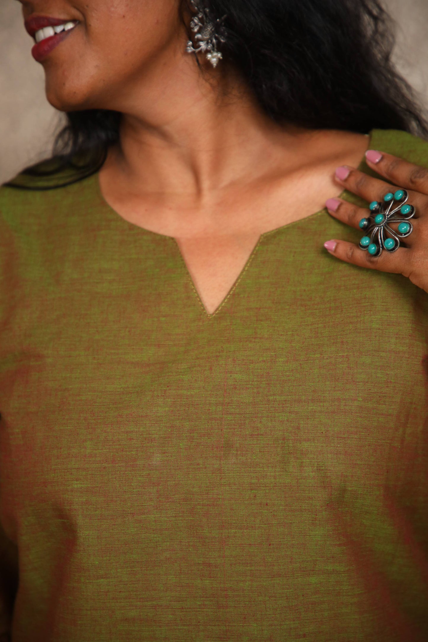 Rang- Short Kurti in Mangalagiri cotton in Olive Green color