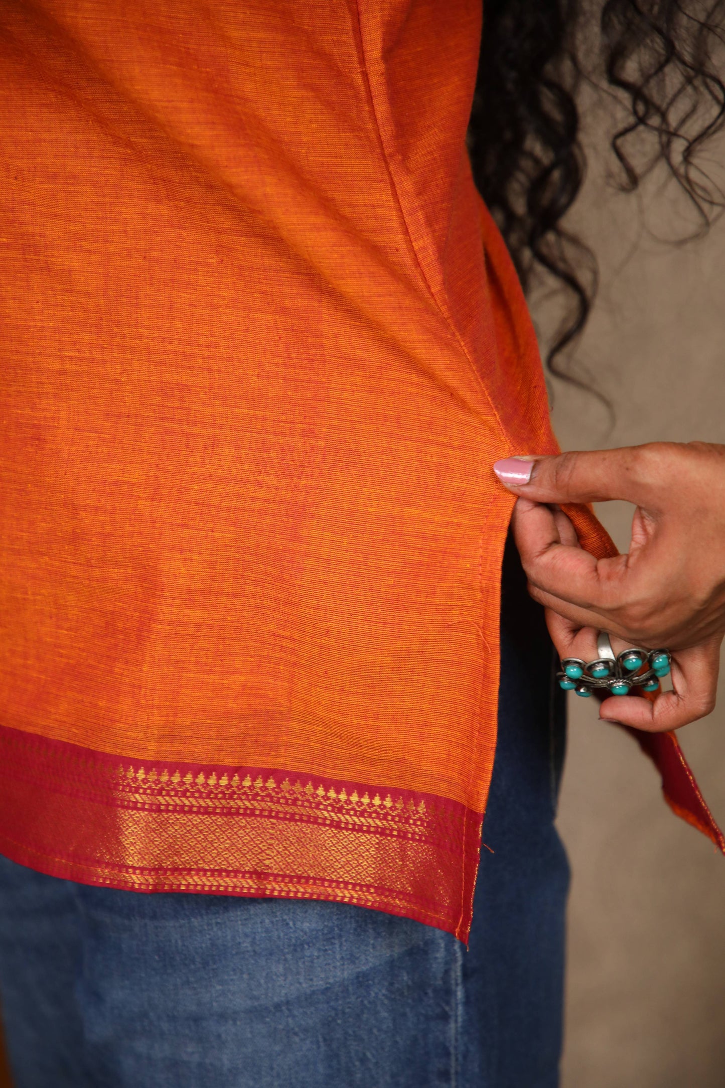 Rang- Short Kurti in Mangalagiri cotton in Rust Orange color