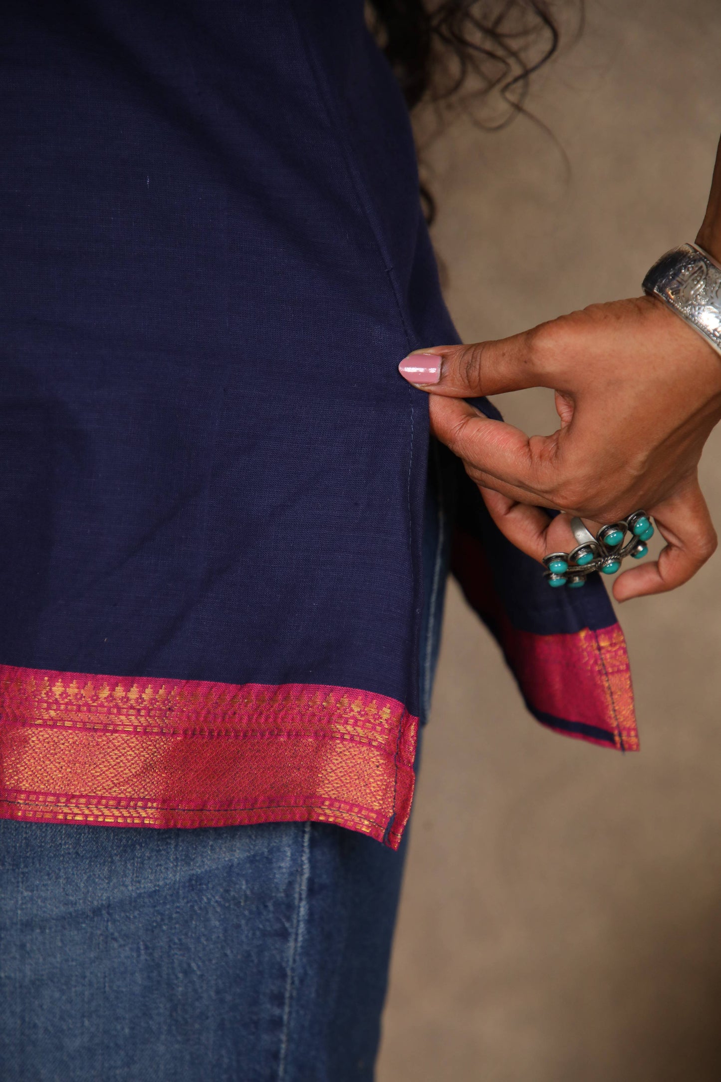 Rang- Short Kurti in Mangalagiri cotton in Navy Blue color