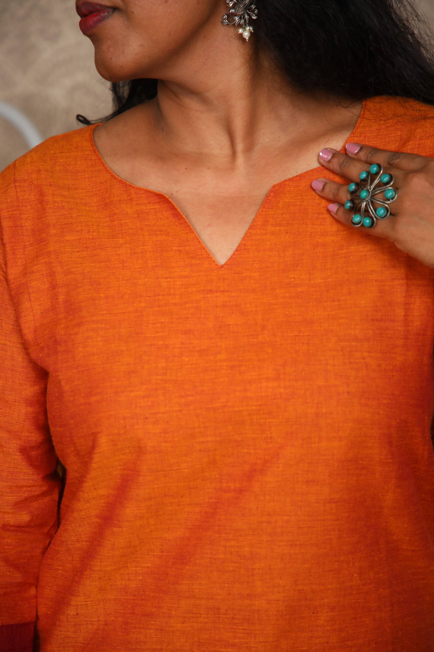 Rang- Short Kurti in Mangalagiri cotton in Rust Orange color