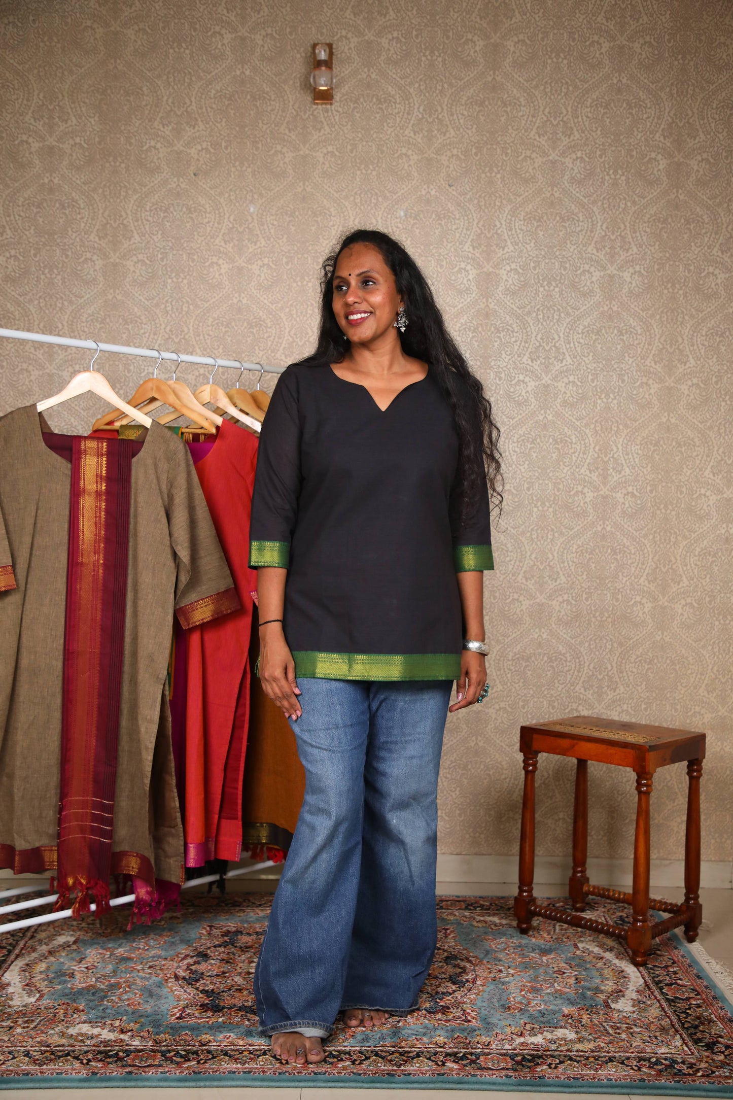 Rang- Short Kurti in Mangalagiri cotton in Black color