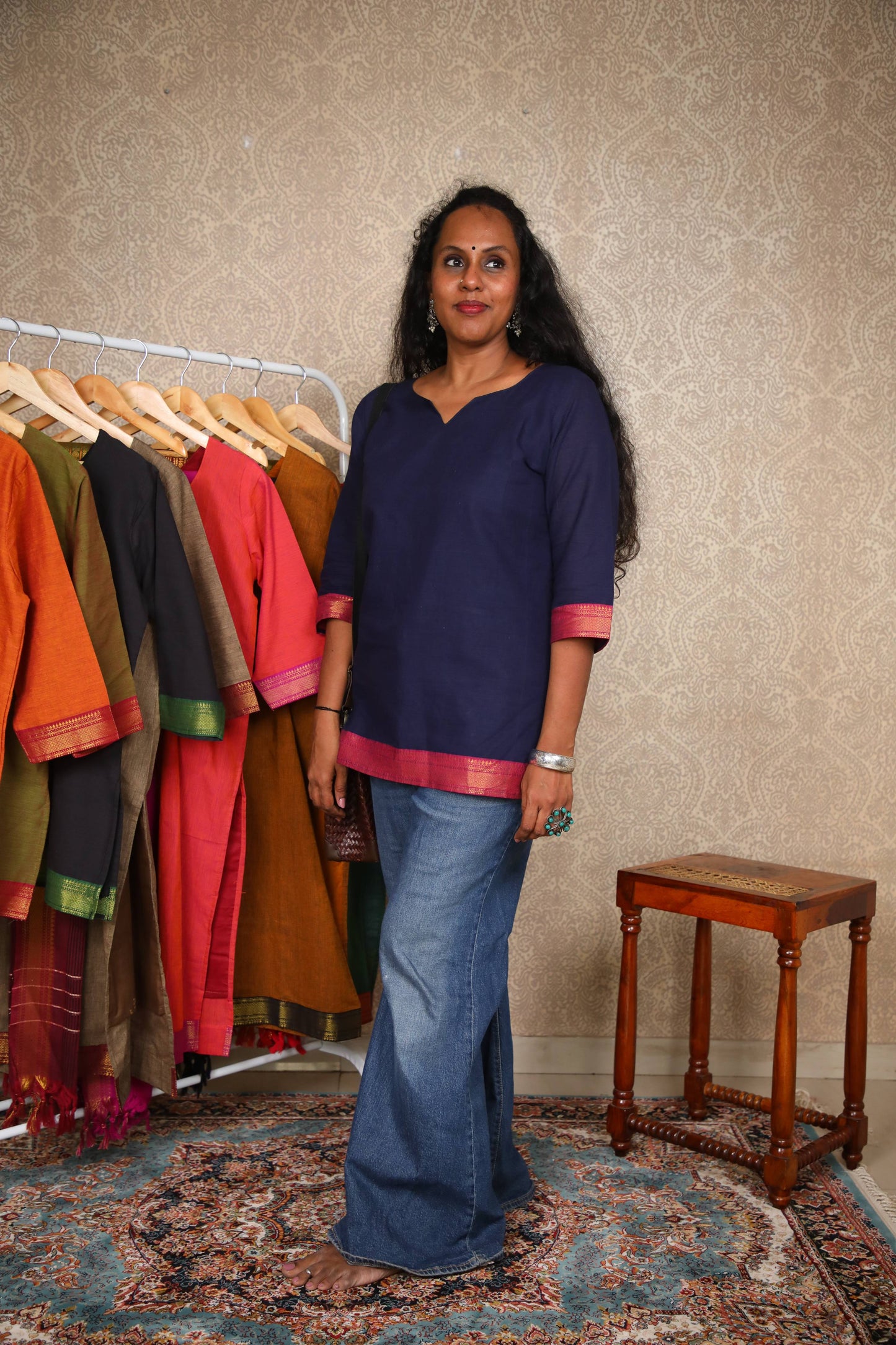 Rang- Short Kurti in Mangalagiri cotton in Navy Blue color