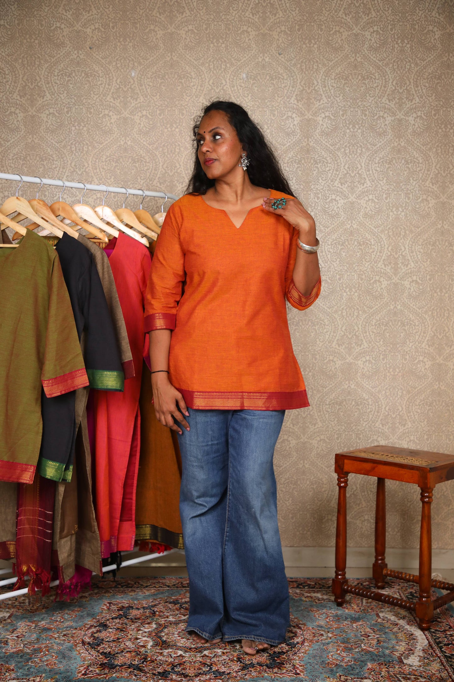 Rang- Short Kurti in Mangalagiri cotton in Rust Orange color