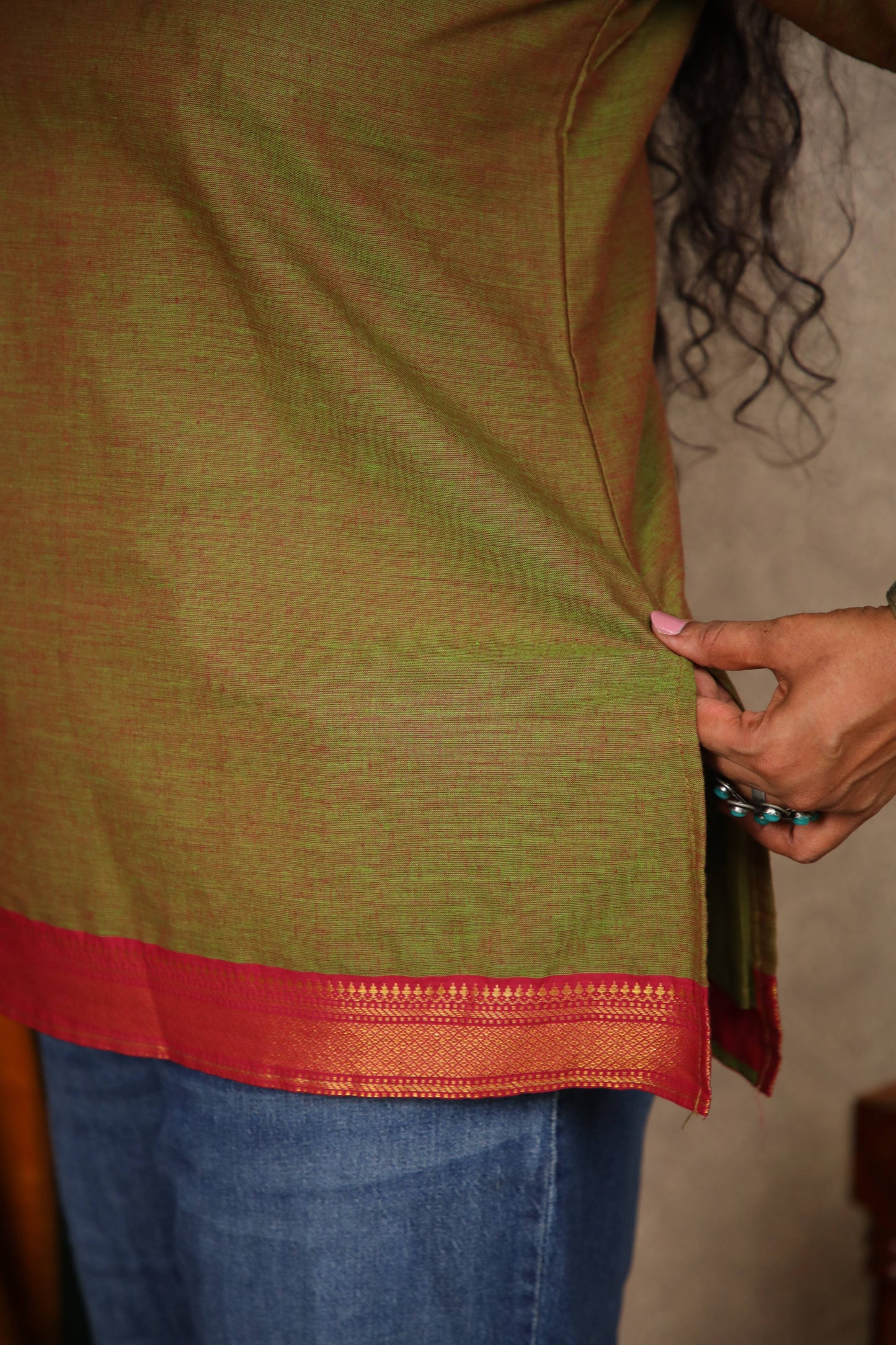 Rang- Short Kurti in Mangalagiri cotton in Olive Green color