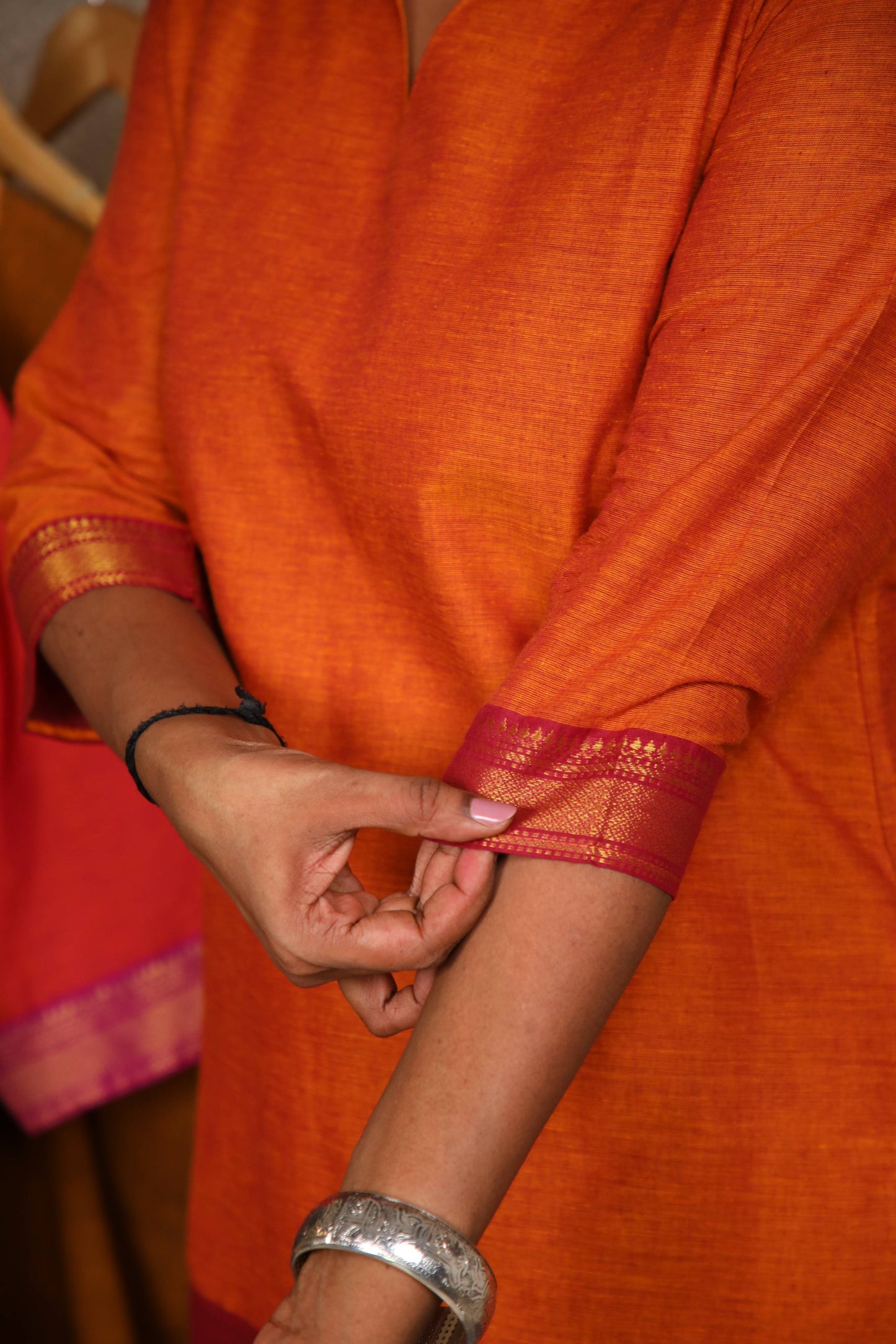 Rang- Short Kurti in Mangalagiri cotton in Rust Orange color