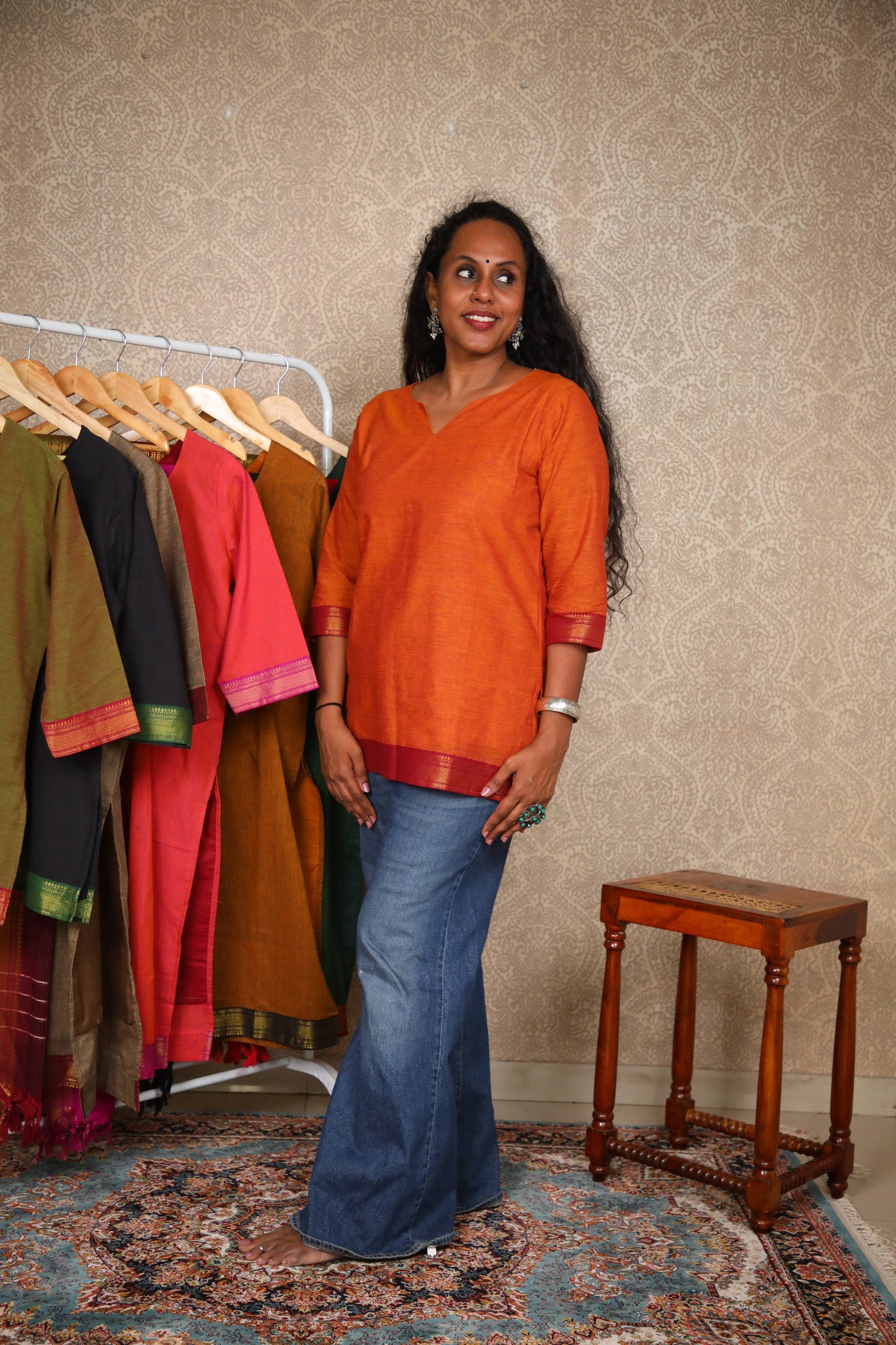 Rang- Short Kurti in Mangalagiri cotton in Rust Orange color