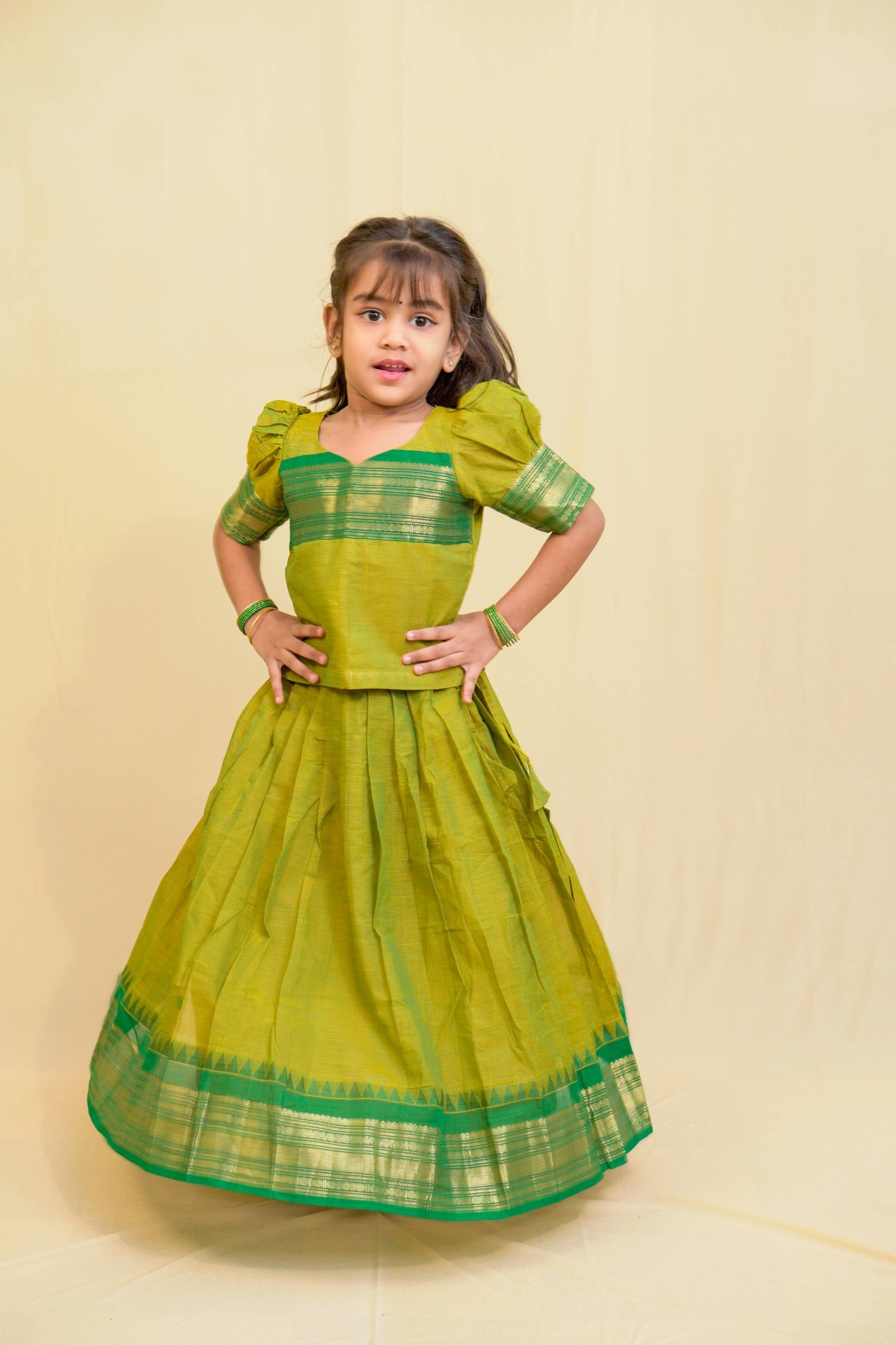 Siya - Pavada Sattai in kanchi cotton in Mehndi color