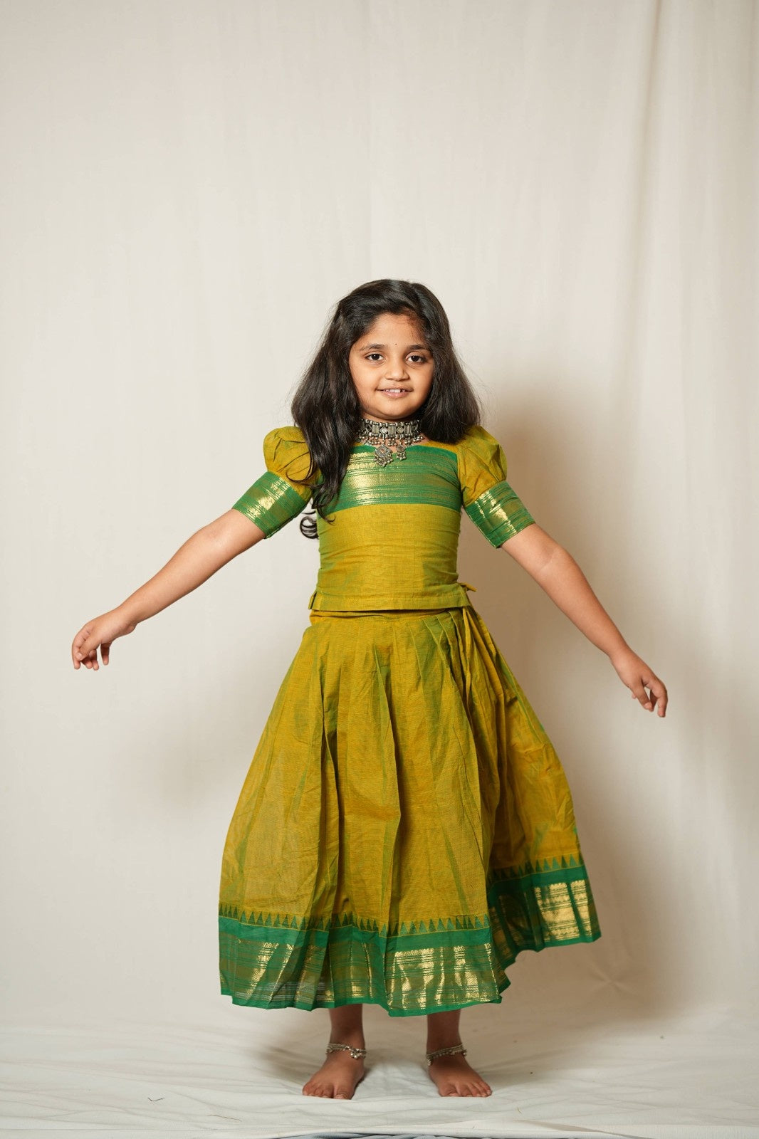 Siya - Pavada Sattai in kanchi cotton in Mehndi color