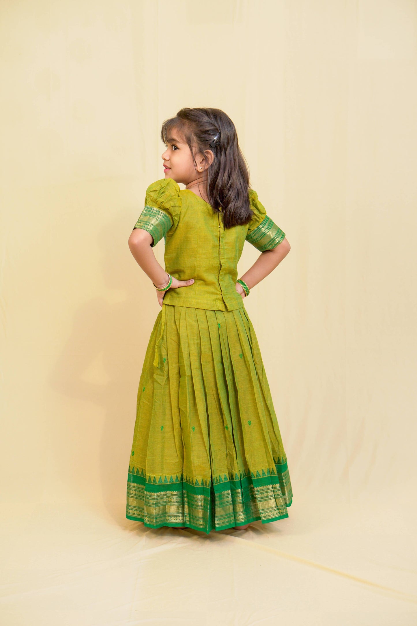 Siya - Pavada Sattai in kanchi cotton in Mehndi color