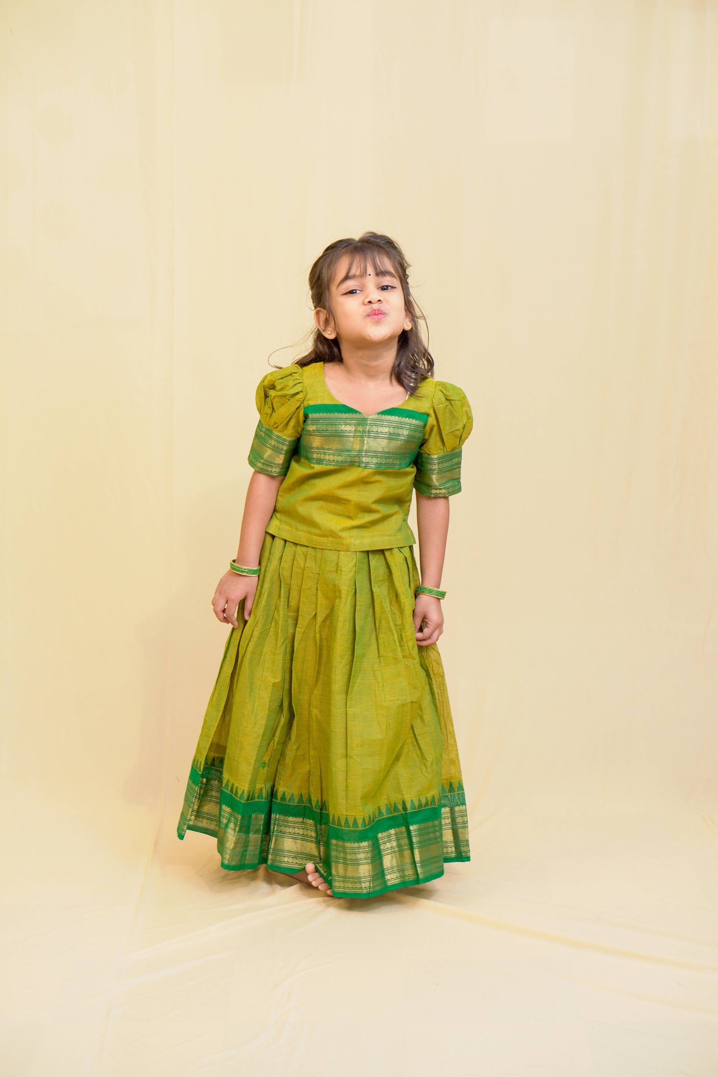 Siya - Pavada Sattai in kanchi cotton in Mehndi color