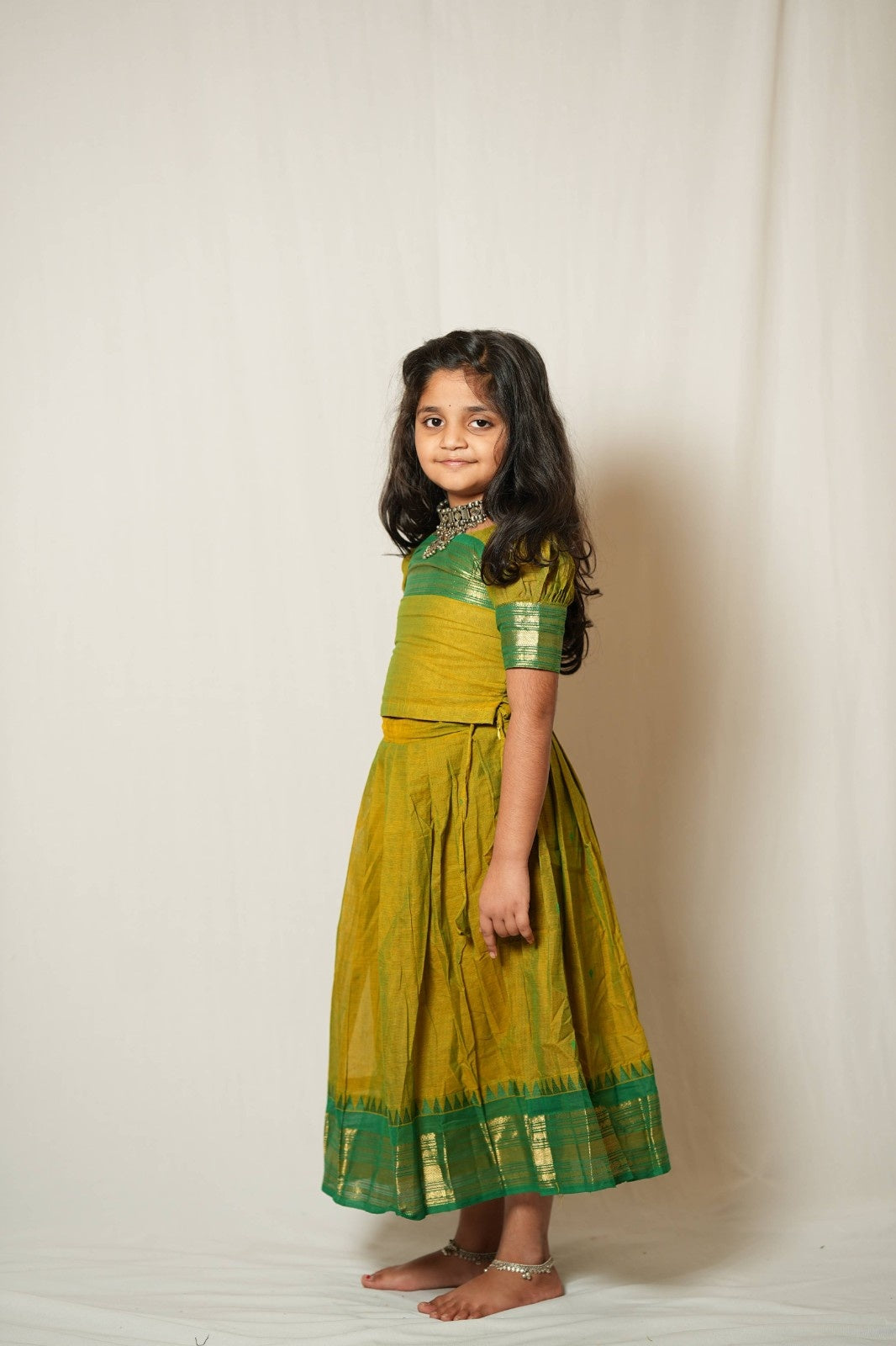 Siya - Pavada Sattai in kanchi cotton in Mehndi color