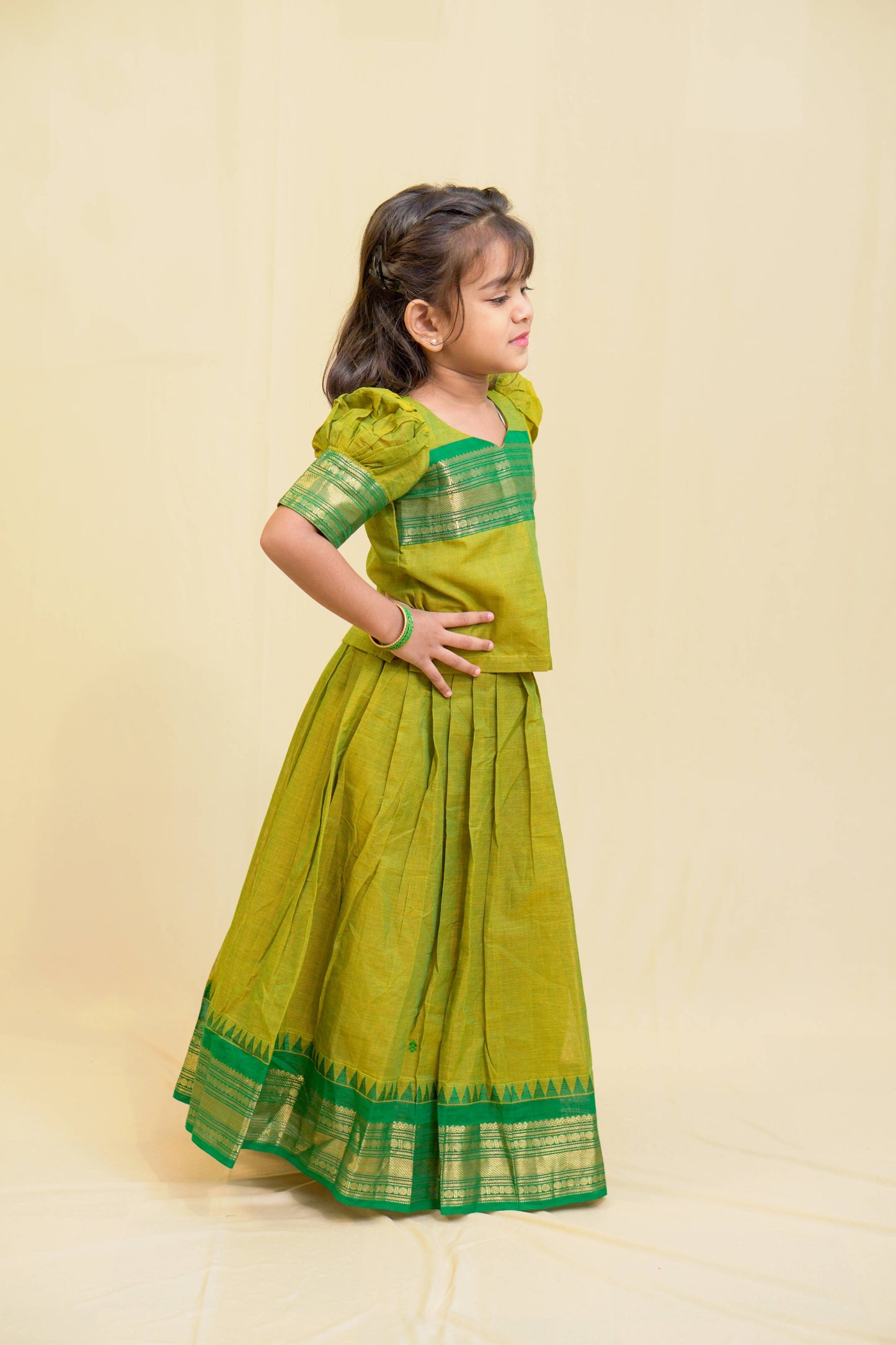 Siya - Pavada Sattai in kanchi cotton in Mehndi color