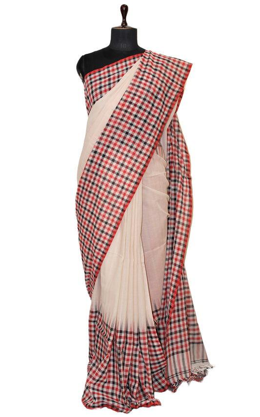 Skirt Border Micro Checks Soft Cotton Saree in Parchment White, Red and Black