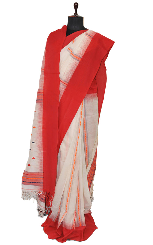 Hand Woven Thread Nakshi Work Soft Cotton Khaddar Saree in Off White, Red, Navy Blue and Orange