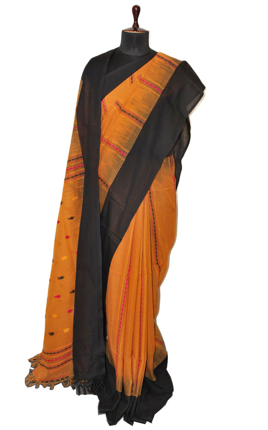 Hand Woven Thread Nakshi Work Soft Cotton Khaddar Saree in Mustard Golden, Midnight Blue, Yellow and Hot Pink