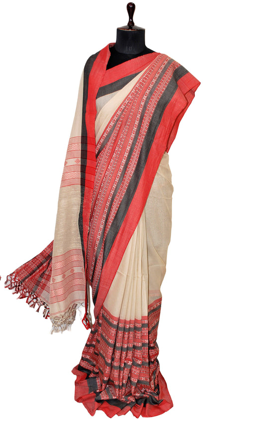 Double Warp Woven Nakshi Mahapar Soft Cotton Saree in Beige, Black and Red