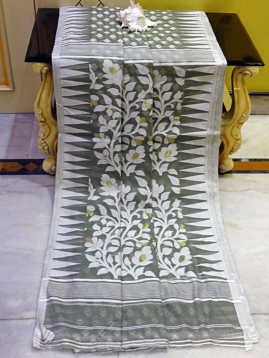 Traditional Soft Jamdani Saree in Sardine Grey, Off White and Gold