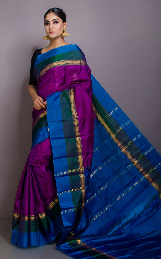 Soft Arani Pure Silk Saree in Dark Magenta, Pine Green and Sapphire Blue