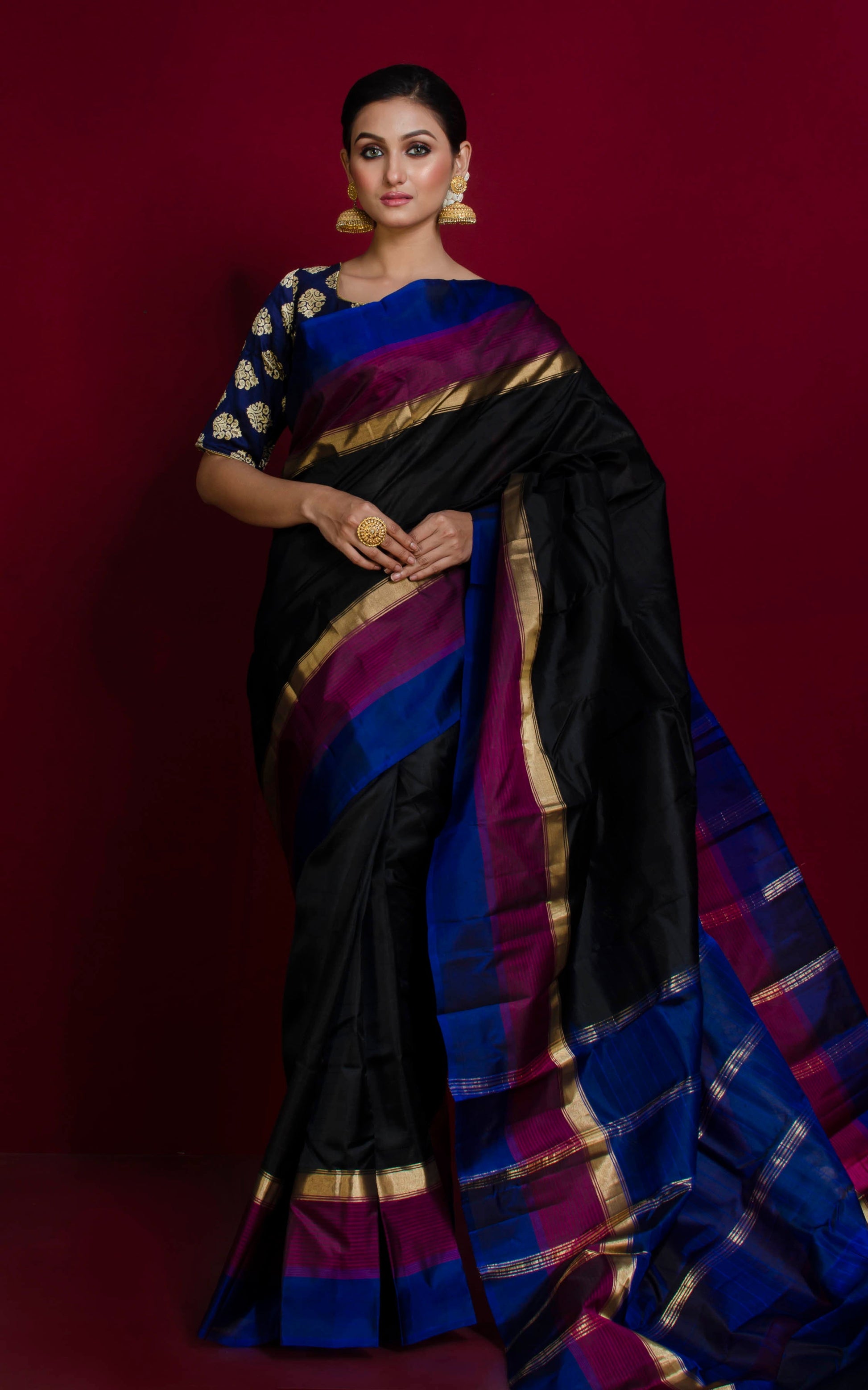 Soft Arani Pure Silk Saree in Pitch Black, Raisin Purple and Admiral Blue