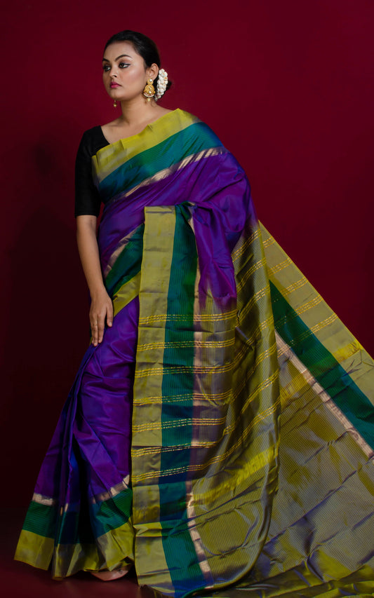 Soft Arani Pure Silk Saree in Russian Violet, Pine Green and Olive Green