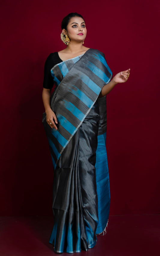 Soft Silk Kotki Border Kanchipuram Silk Saree in Charcoal Grey and Azure Blue