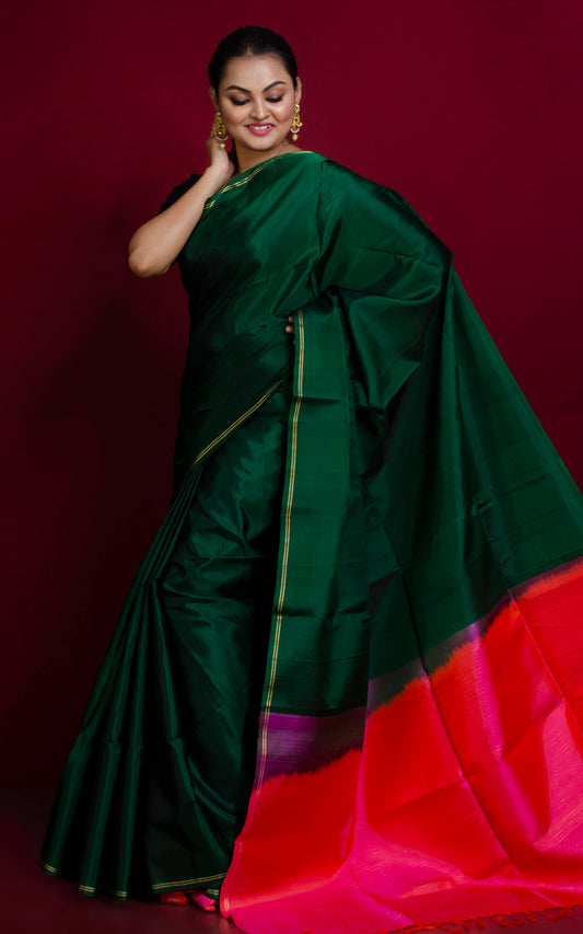 Soft Silk Kanchipuram Silk Saree in Sacramento Green, Raspberry Pink and Gold Zari Work